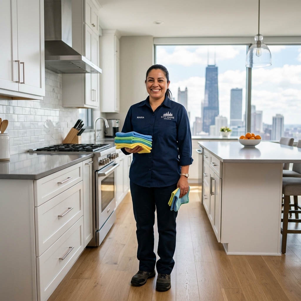 Professional friendly cleaner smiling in a pristine modern kitchen