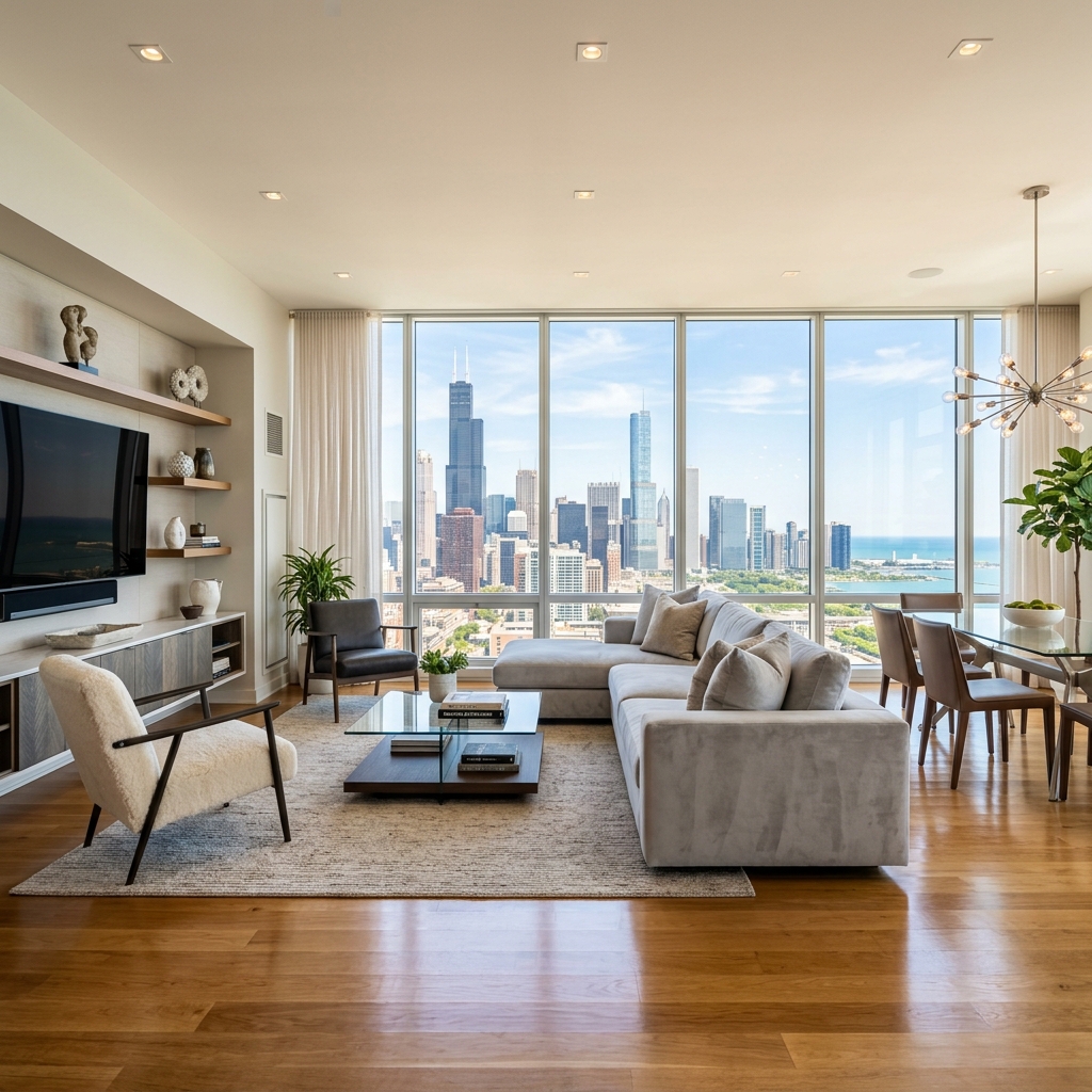 Stunning clean Chicago penthouse apartment overlooking the skyline
